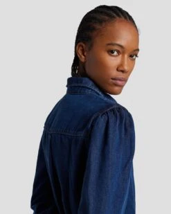 7 For All Mankind Denim Lustre Puff Sleeve Shirt In Poppy -Sleek Fit Style 7U997C86 PPY 5