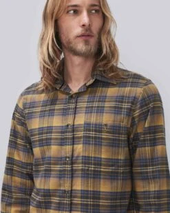 7 For All Mankind Check Plaid Shirt In Yellow And Blue Plaid -Sleek Fit Style 8066830c80fc5b1ee0f3fba893342ef3