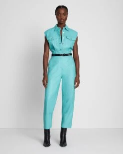 7 For All Mankind Leather Sleeveless Balloon Jumpsuit In Atlantis