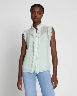 7 For All Mankind Silk Sleeveless Ruffle Top In Seafoam