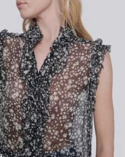 7 For All Mankind Sleeveless Ruffle Top In Black/White Print -Sleek Fit Style edfbfb4ced6253dc91b1eb1e46c59a53